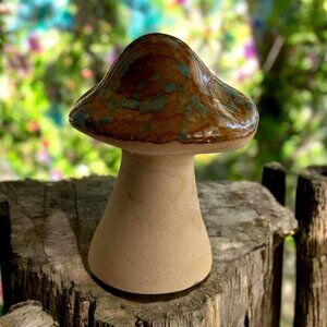 3" Ceramic Mushroom Figurine Speckled Brown Green Glaze Natural Finish Table Dec